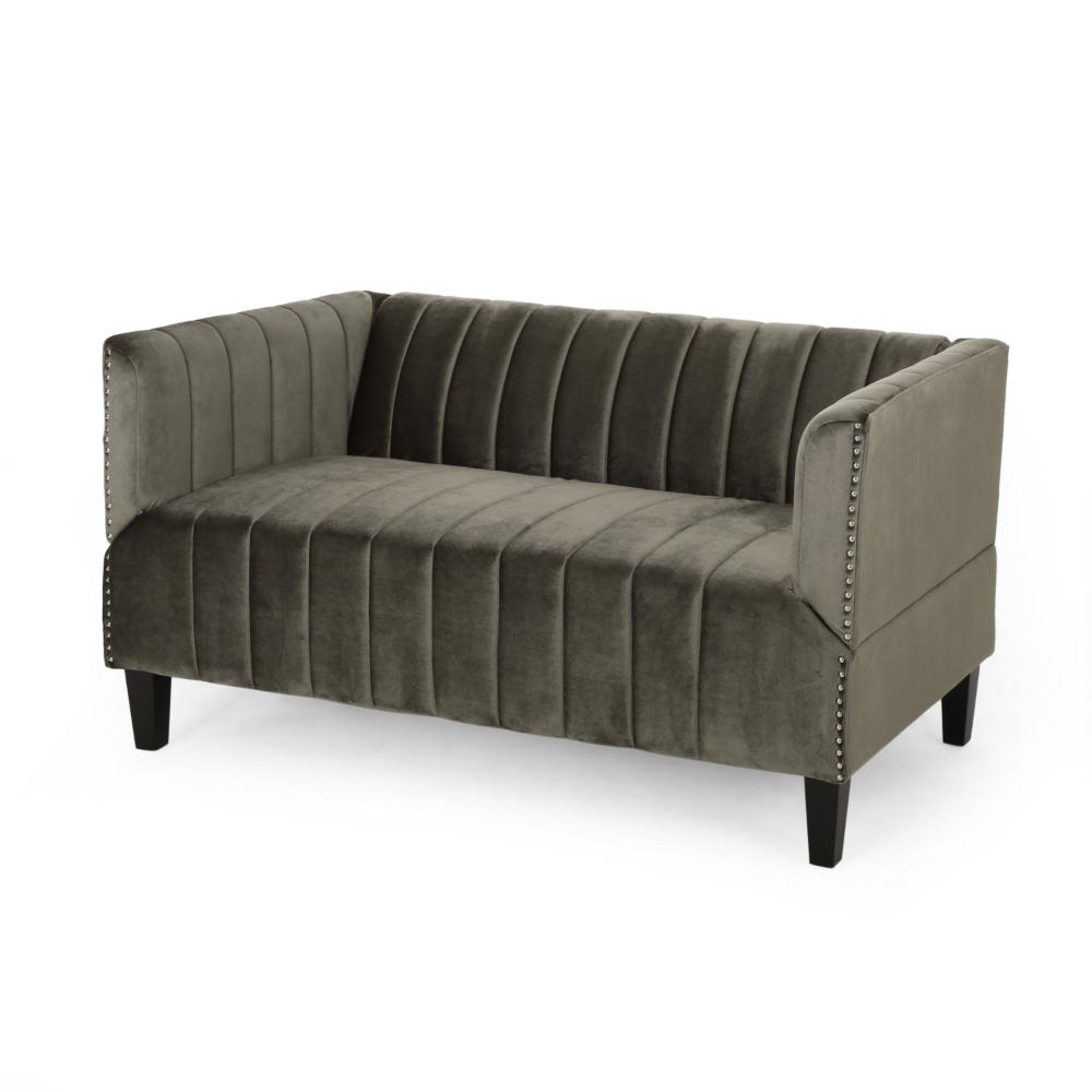 Loveseat, Nailhead Trim, Tuxedo Arms, 53 Inch Channel Stitch Gray Velvet