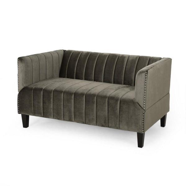 Loveseat, Nailhead Trim, Tuxedo Arms, 53 Inch Channel Stitch Gray Velvet