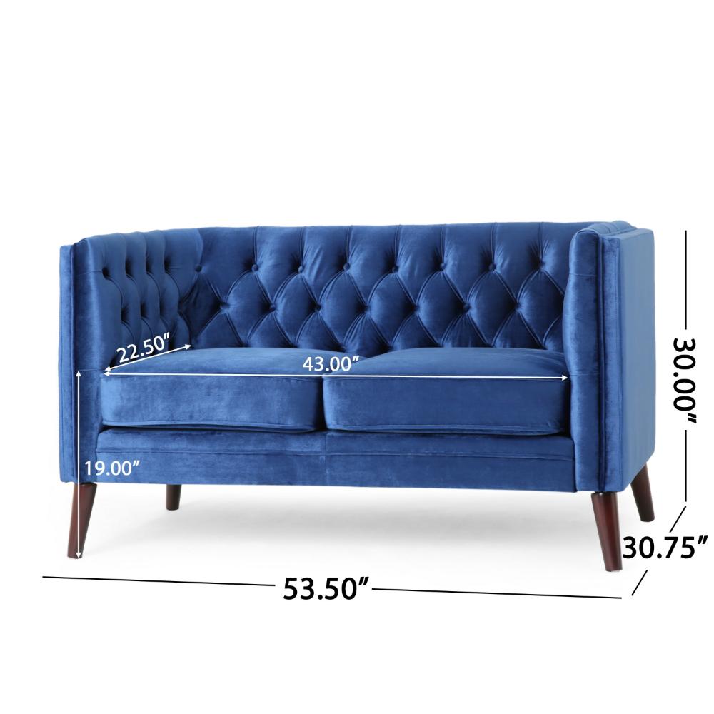 Janie Loveseat, Modern 54 Inch, Button Tufted Diamond Stitch Blue Velvet -BM323731