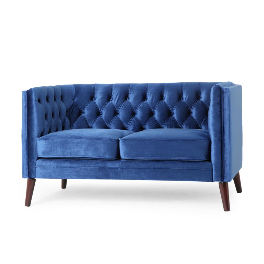 Janie Loveseat, Modern 54 Inch, Button Tufted Diamond Stitch Blue Velvet
