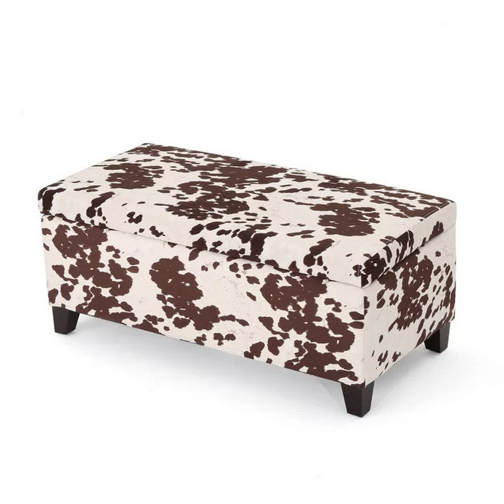 Devi 38 Inch Ottoman w Storage, Brown White Holstein Cow Print Velvet - BM323746