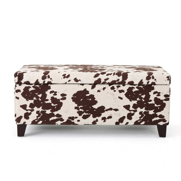 Devi 38 Inch Ottoman w Storage, Brown White Holstein Cow Print Velvet - BM323746