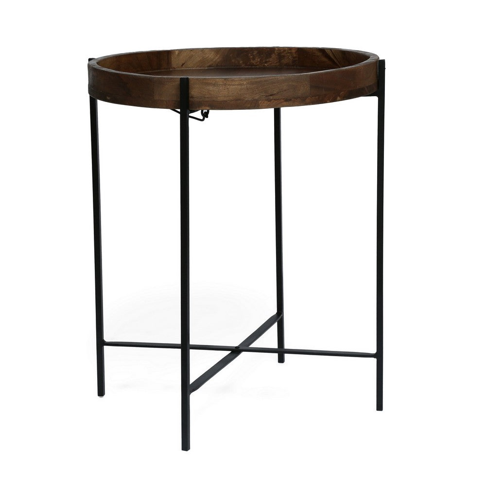 Peo Modern Side End Table, 22 Inch Round Wood Tray, Black Metal Base - BM323749