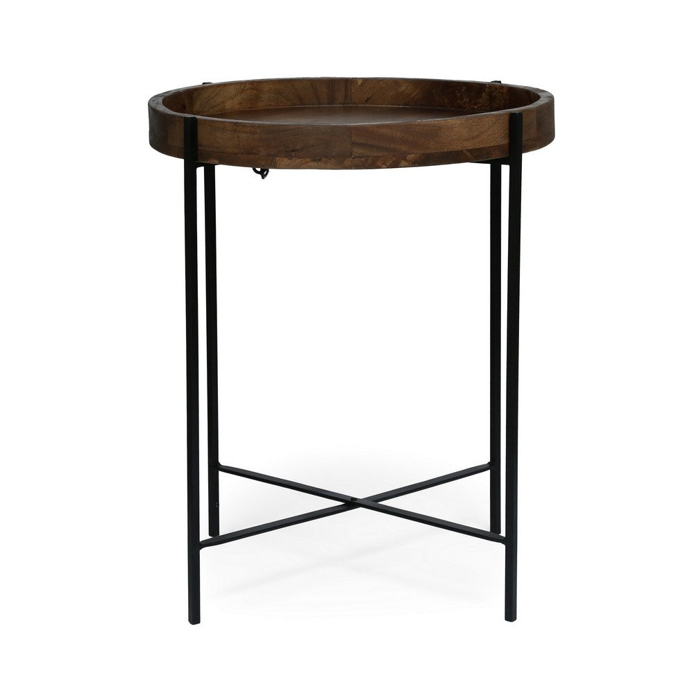 Peo Modern Side End Table, 22 Inch Round Wood Tray, Black Metal Base - BM323749