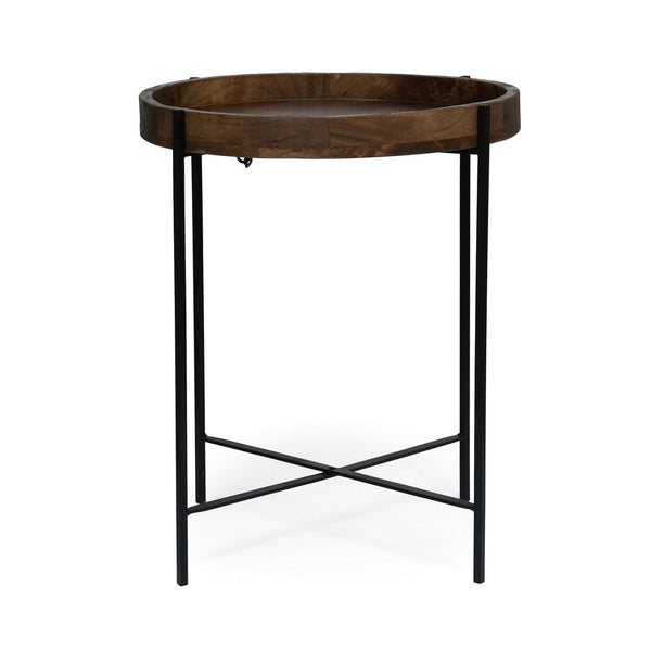 Peo Modern Side End Table, 22 Inch Round Wood Tray, Black Metal Base - BM323749