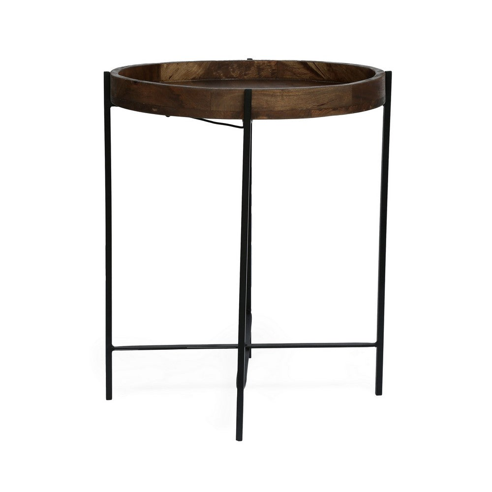 Peo Modern Side End Table, 22 Inch Round Wood Tray, Black Metal Base - BM323749