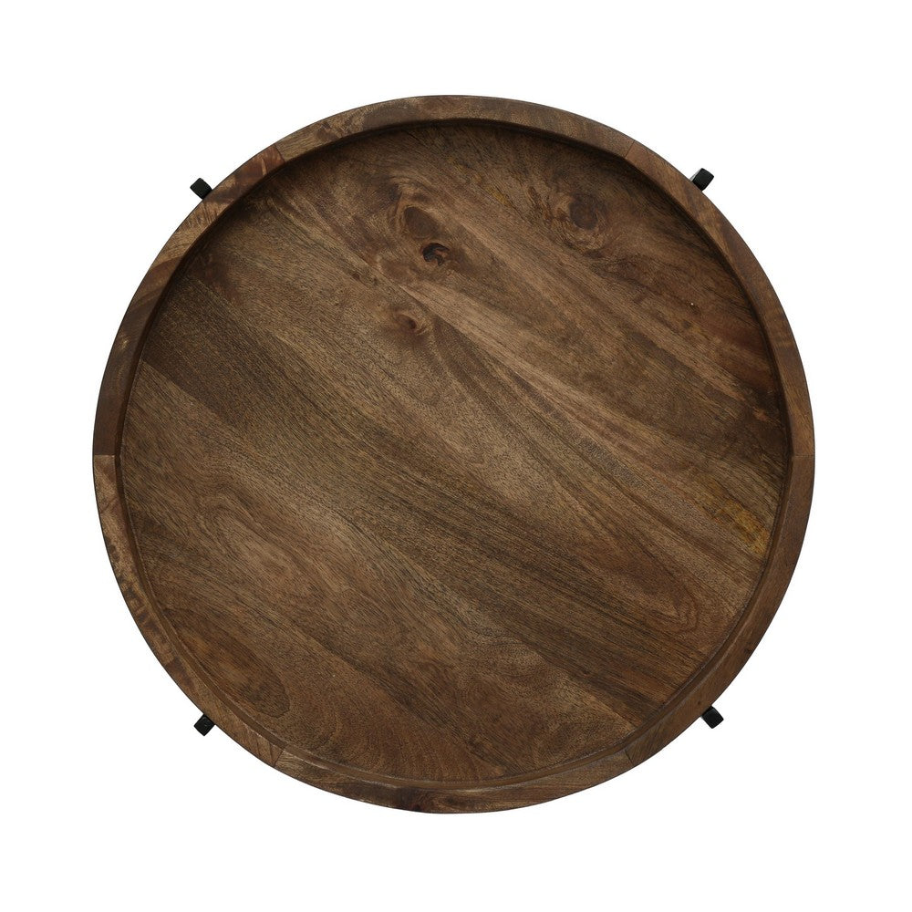 Peo Modern Side End Table, 22 Inch Round Wood Tray, Black Metal Base - BM323749