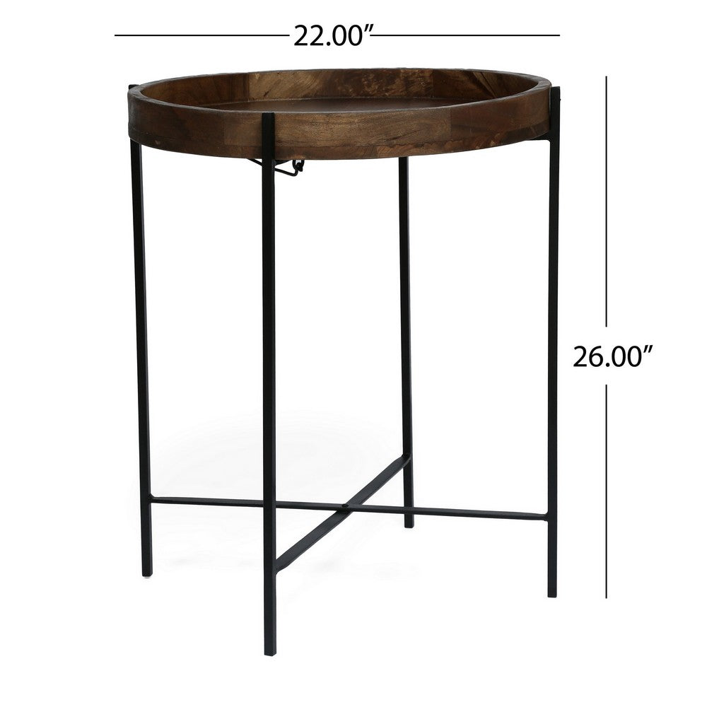 Peo Modern Side End Table, 22 Inch Round Wood Tray, Black Metal Base - BM323749