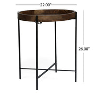 Peo Modern Side End Table, 22 Inch Round Wood Tray, Black Metal Base - BM323749
