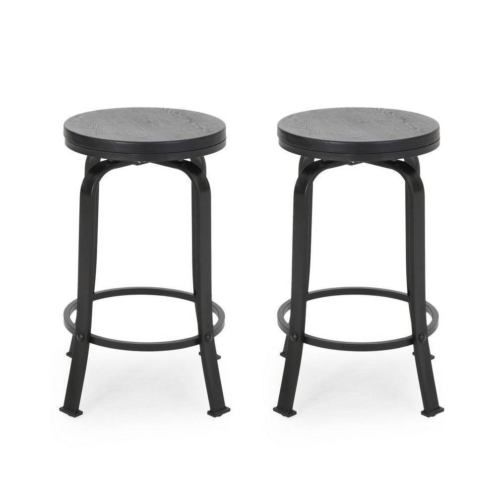 Lni Swivel Counter Stool Set of 2, Faux Wood Seat w Curved Black Metal - BM323750