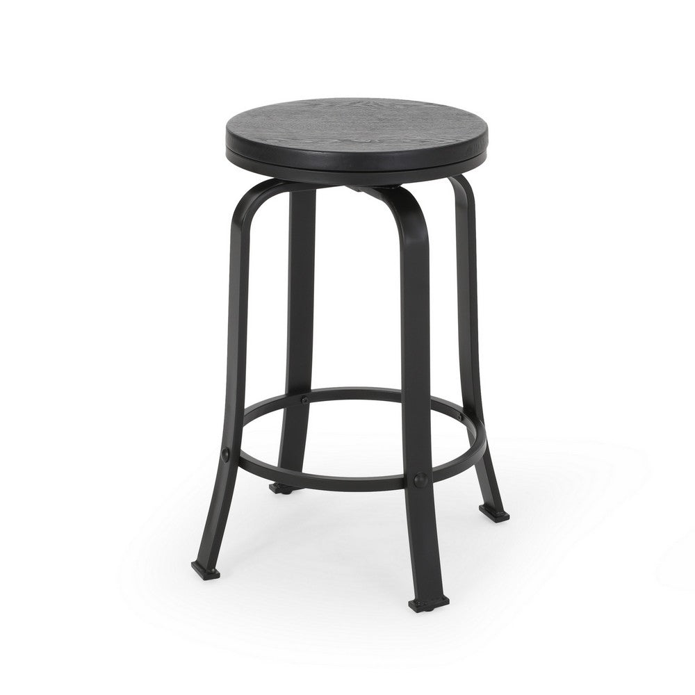 Lni Swivel Counter Stool Set of 2, Faux Wood Seat w Curved Black Metal - BM323750