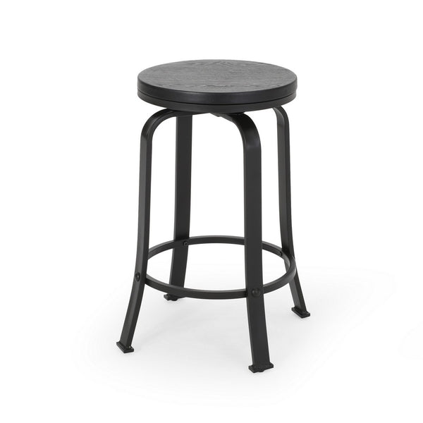 Lni Swivel Counter Stool Set of 2, Faux Wood Seat w Curved Black Metal - BM323750