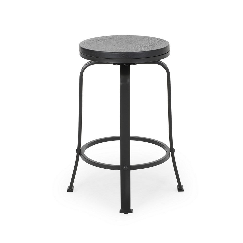 Lni Swivel Counter Stool Set of 2, Faux Wood Seat w Curved Black Metal - BM323750