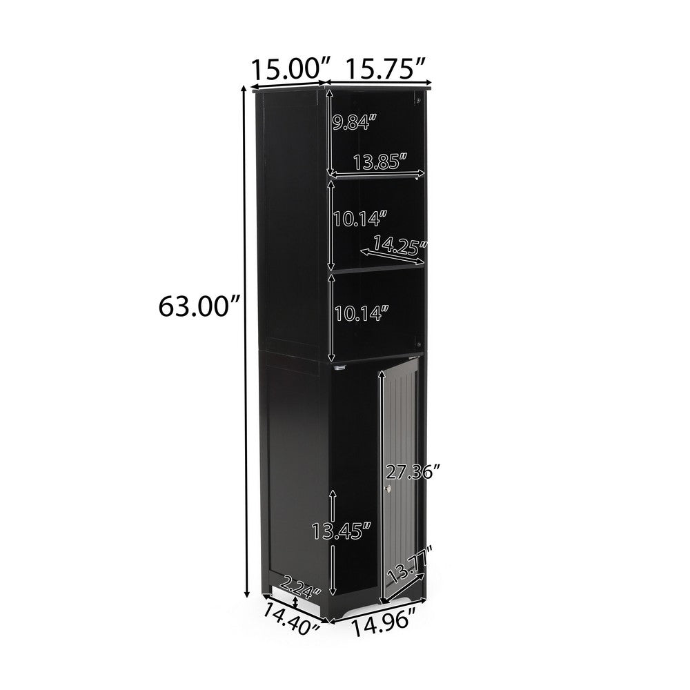 Cabe Tall Bathroom Linen Cabinet, 3 Display Shelves 1 Door, Black - BM323759