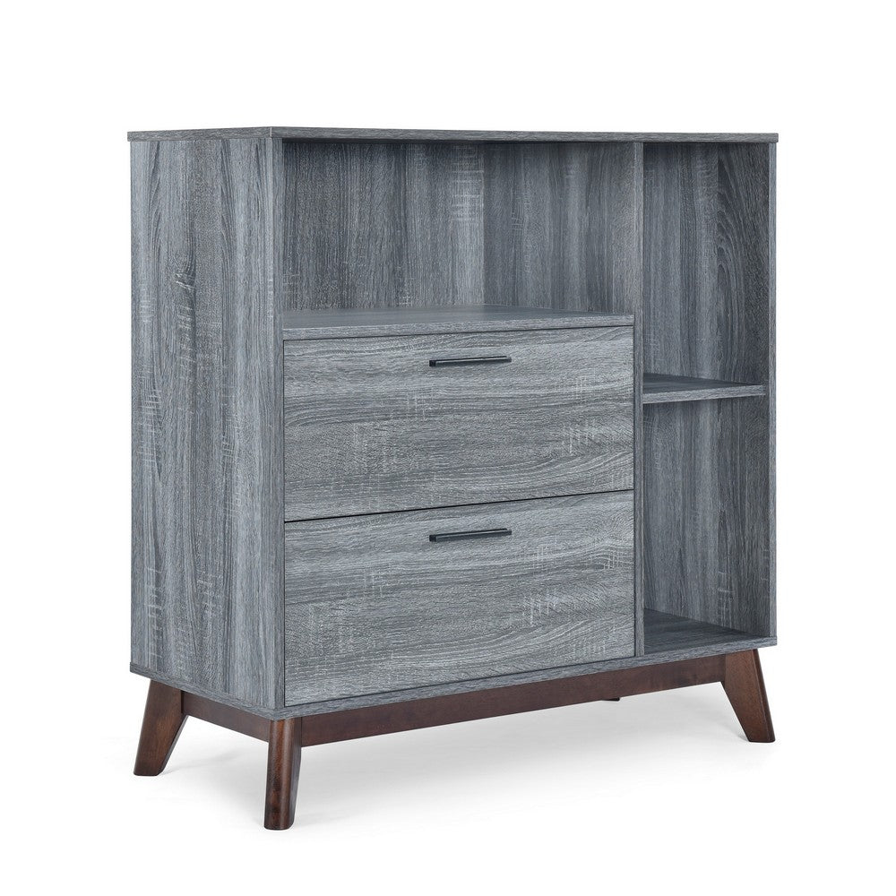 Side Cabinet, Open Square Shelves, 2 Drawer, 38 Inch Gray Faux Wood - BM323776