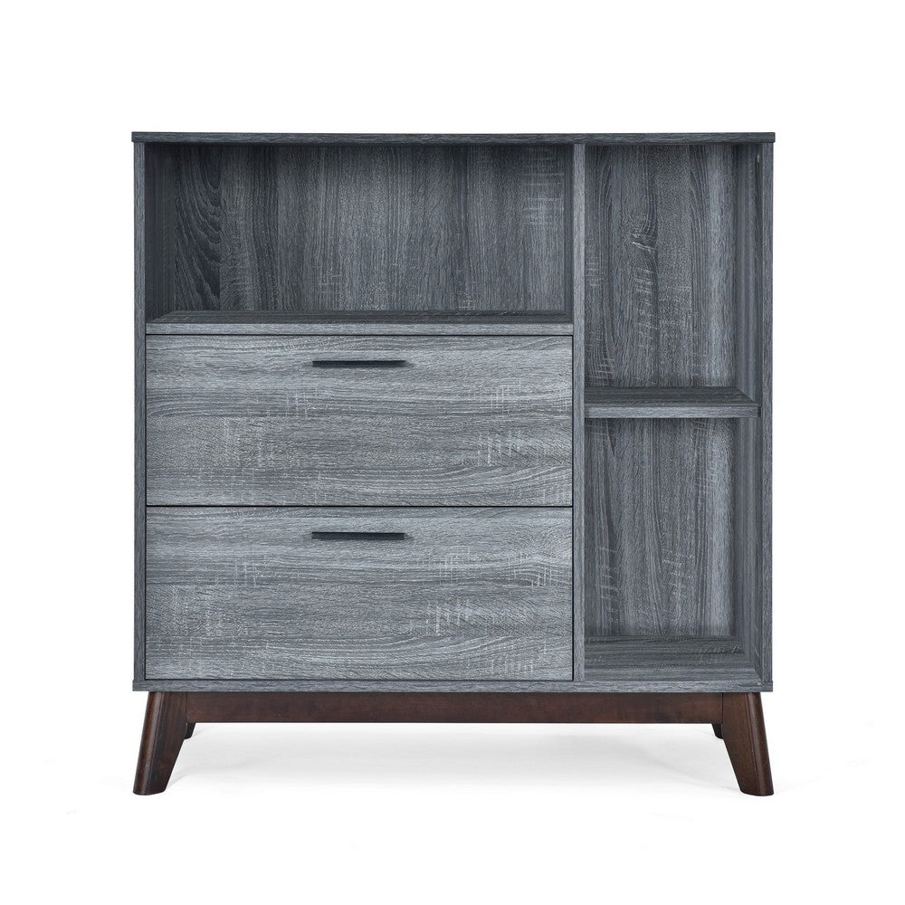 Side Cabinet, Open Square Shelves, 2 Drawer, 38 Inch Gray Faux Wood - BM323776