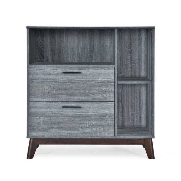 Side Cabinet, Open Square Shelves, 2 Drawer, 38 Inch Gray Faux Wood - BM323776