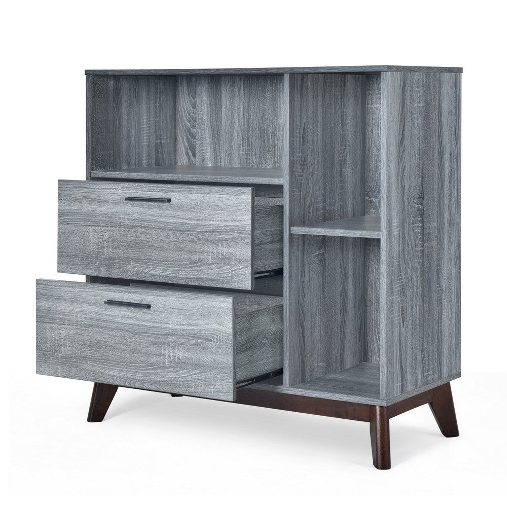 Side Cabinet, Open Square Shelves, 2 Drawer, 38 Inch Gray Faux Wood - BM323776