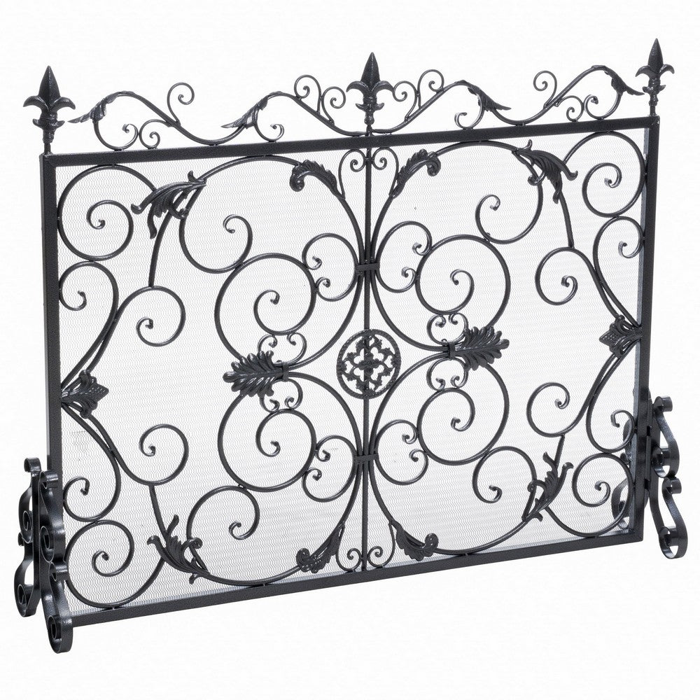 Fireplace Screen, 45 Inch Scroll Design with Mesh, Black Silver Iron - BM323797