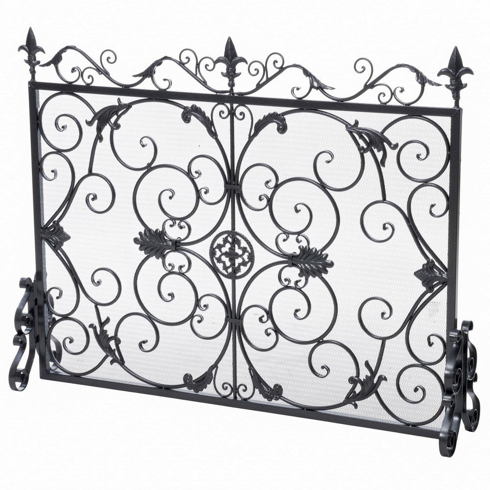 Fireplace Screen, 45 Inch Scroll Design with Mesh, Black Silver Iron - BM323797