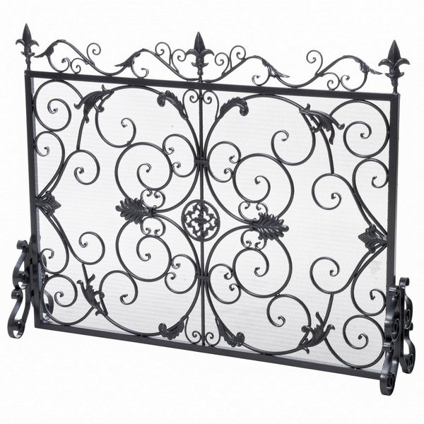 Fireplace Screen, 45 Inch Scroll Design with Mesh, Black Silver Iron - BM323797