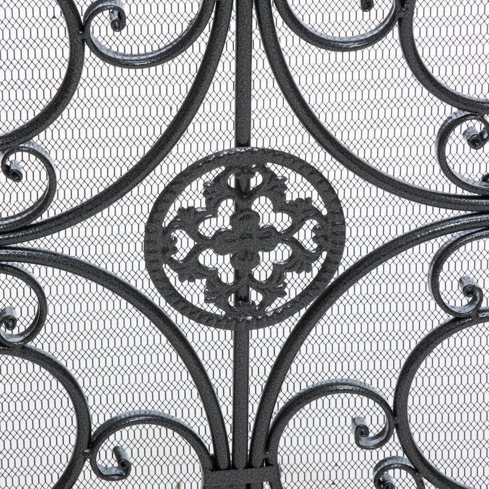 Fireplace Screen, 45 Inch Scroll Design with Mesh, Black Silver Iron - BM323797