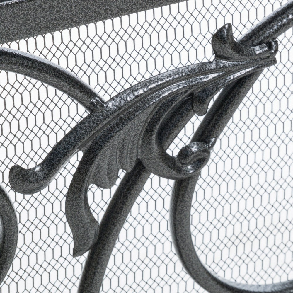 Fireplace Screen, 45 Inch Scroll Design with Mesh, Black Silver Iron - BM323797