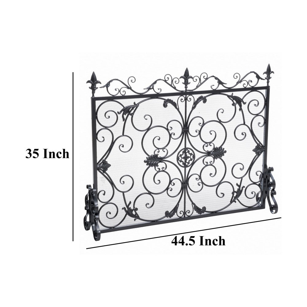 Fireplace Screen, 45 Inch Scroll Design with Mesh, Black Silver Iron - BM323797