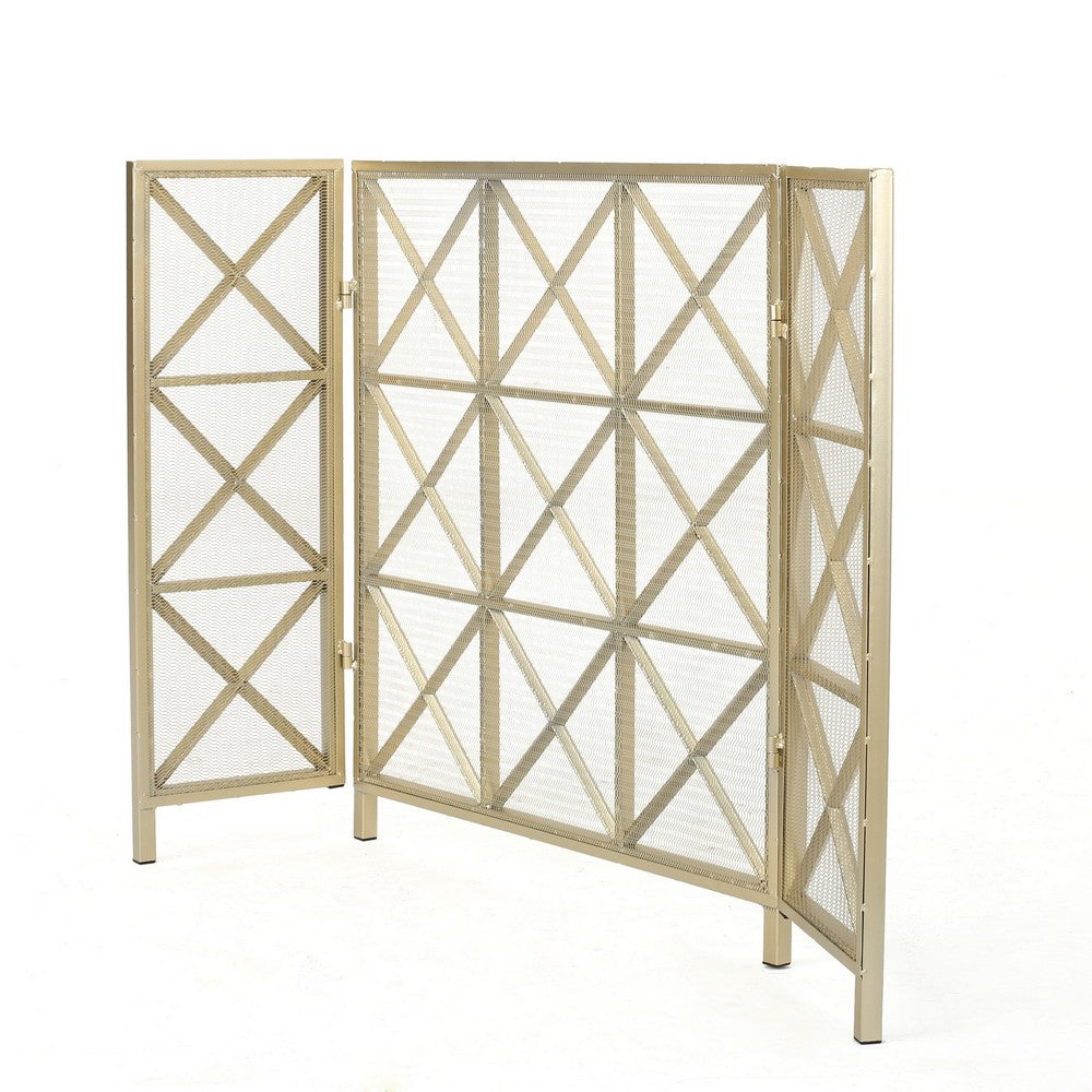 Fireplace Screen, 49 Inch 3-Panel, Rectangular Shape, Square Design, Gold,Iron - BM323806