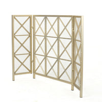 Fireplace Screen, 49 Inch 3-Panel, Rectangular Shape, Square Design, Gold,Iron - BM323806