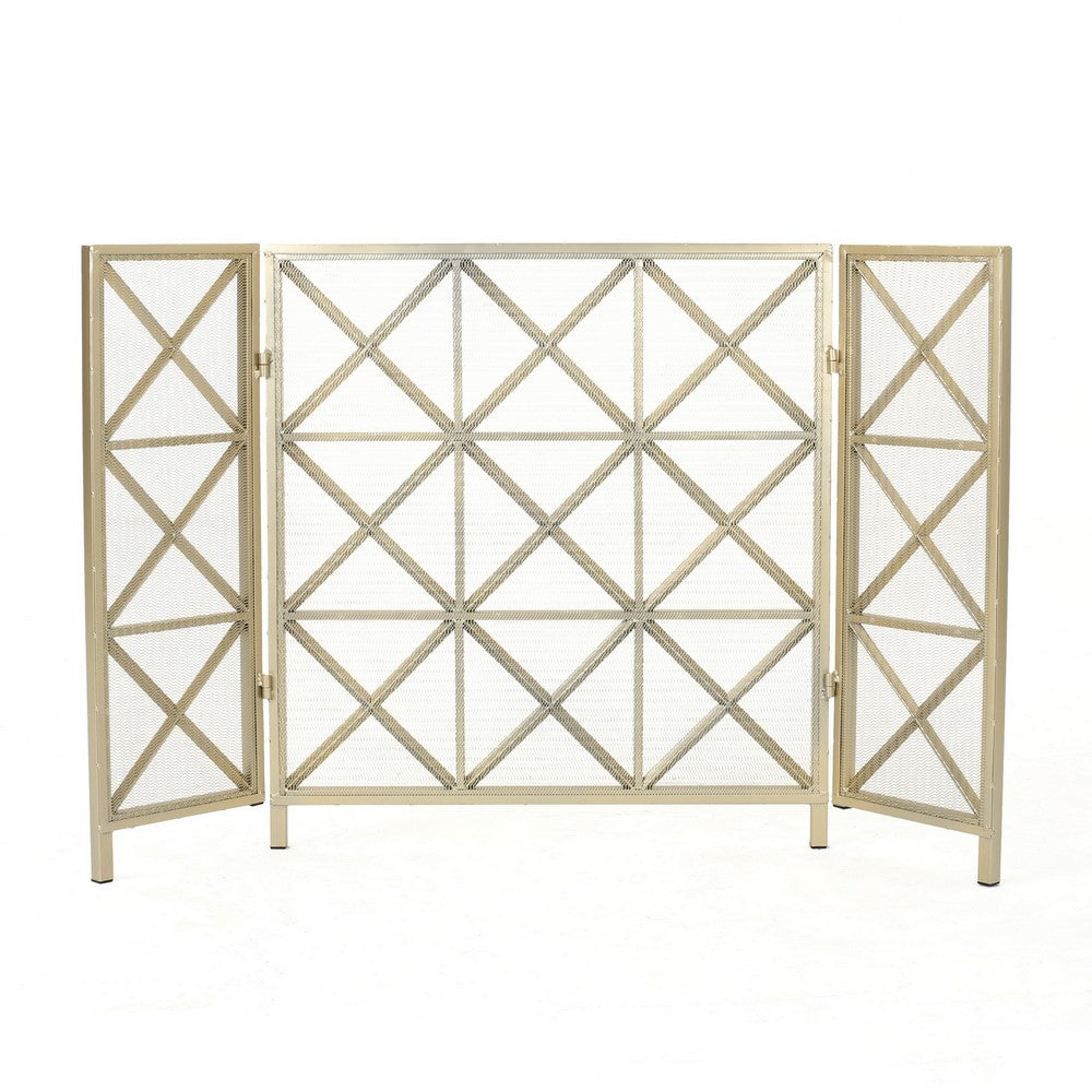 Fireplace Screen, 49 Inch 3-Panel, Rectangular Shape, Square Design, Gold,Iron - BM323806