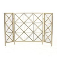 Fireplace Screen, 49 Inch 3-Panel, Rectangular Shape, Square Design, Gold,Iron - BM323806