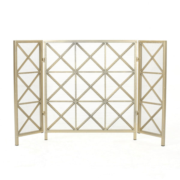 Fireplace Screen, 49 Inch 3-Panel, Rectangular Shape, Square Design, Gold,Iron - BM323806