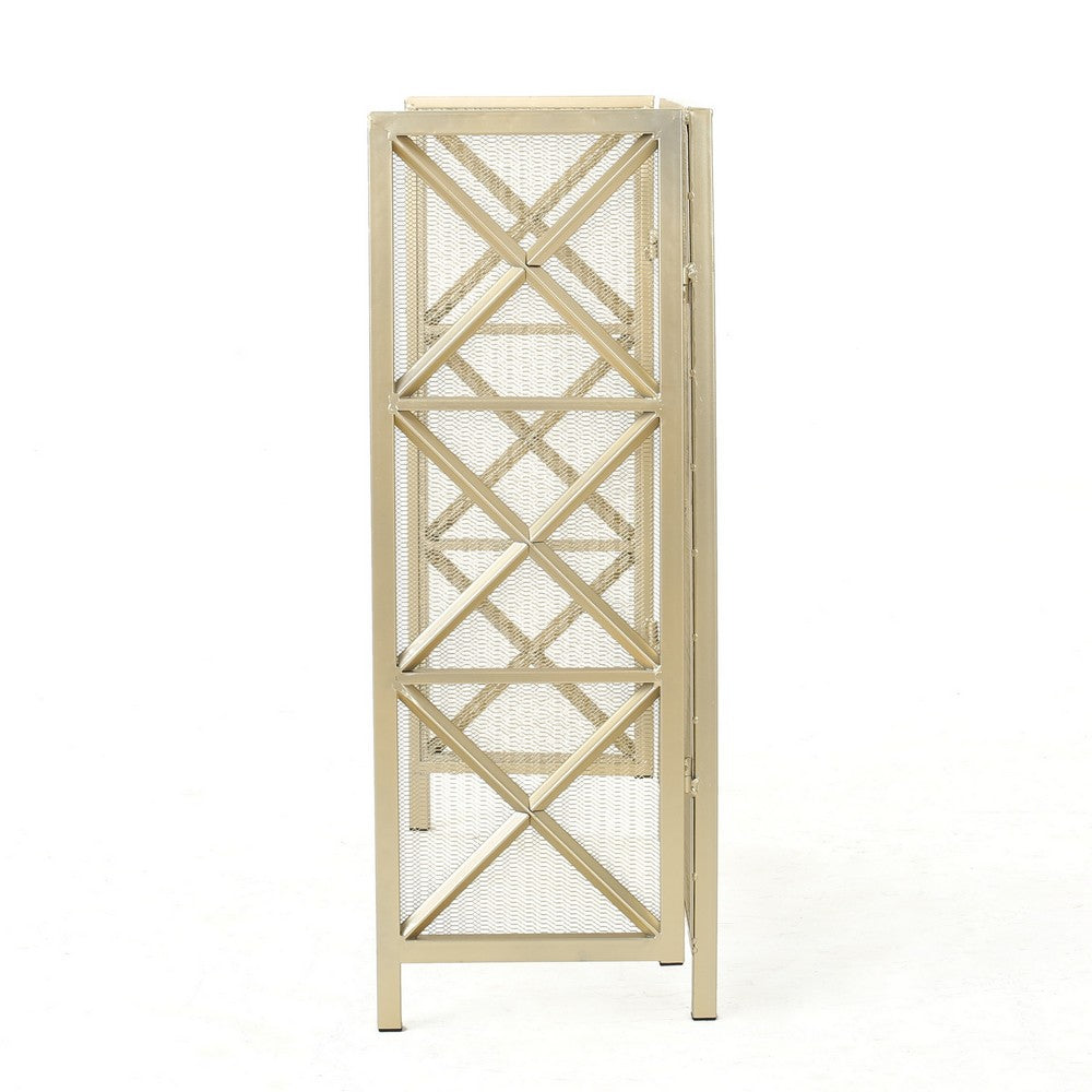 Fireplace Screen, 49 Inch 3-Panel, Rectangular Shape, Square Design, Gold,Iron - BM323806