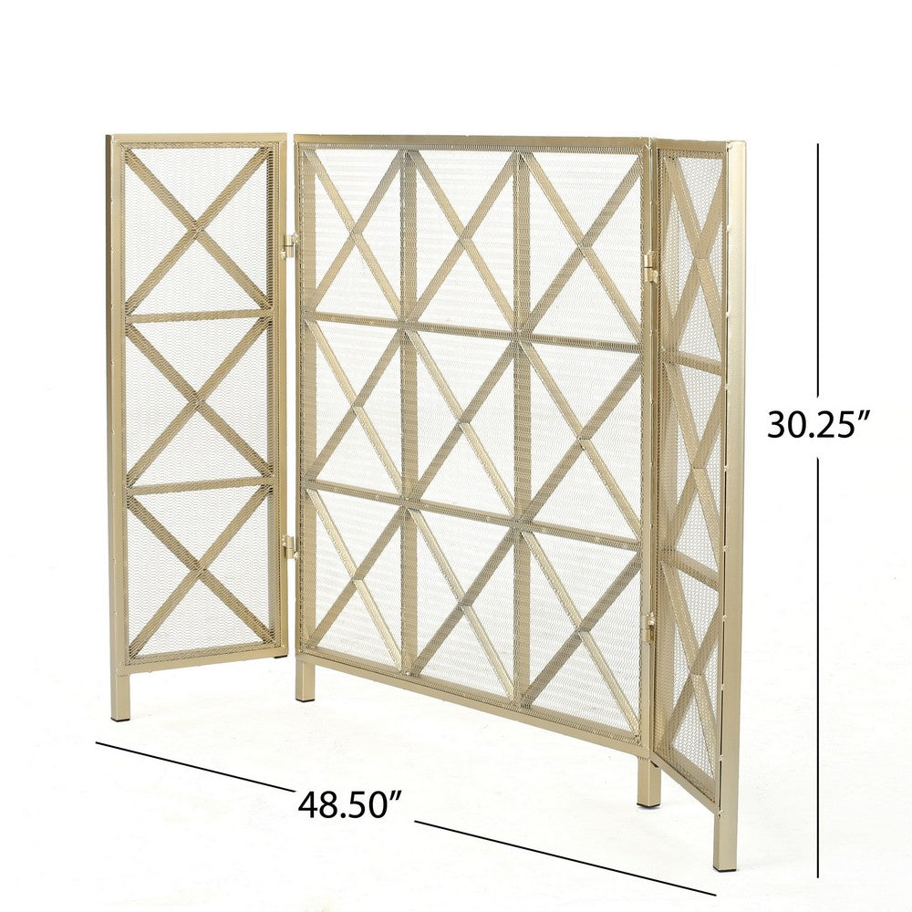 Fireplace Screen, 49 Inch 3-Panel, Rectangular Shape, Square Design, Gold,Iron - BM323806