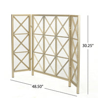 Fireplace Screen, 49 Inch 3-Panel, Rectangular Shape, Square Design, Gold,Iron - BM323806