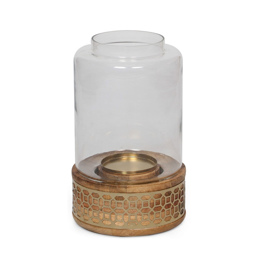 Candle Holder, 10 Inch Round Shaped With Glass Cover, Brown, Wood - BM323815