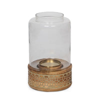 Candle Holder, 10 Inch Round Shaped With Glass Cover, Brown, Wood - BM323815