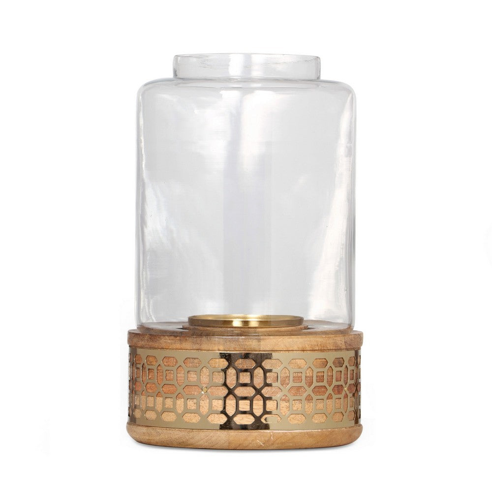 Candle Holder, 10 Inch Round Shaped With Glass Cover, Brown, Wood - BM323815