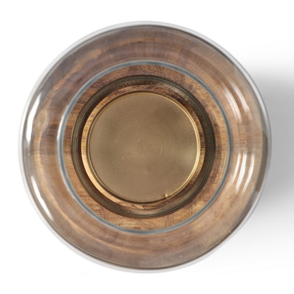 Candle Holder, 10 Inch Round Shaped With Glass Cover, Brown, Wood - BM323815