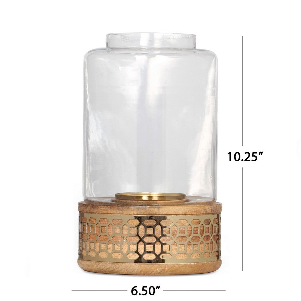 Candle Holder, 10 Inch Round Shaped With Glass Cover, Brown, Wood - BM323815