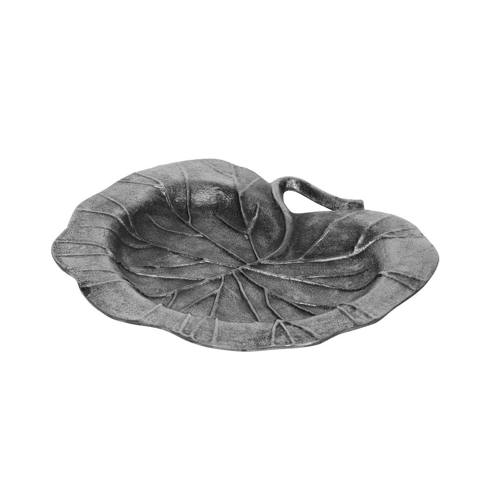 Decorative Leaf Plate, 12 Inch Textured Floral, Dark Gray Aluminium - BM323818