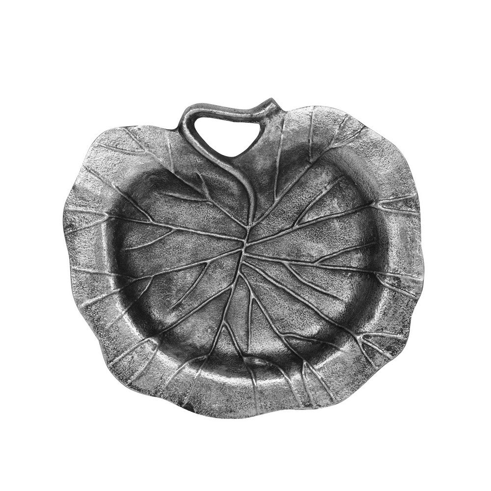 Decorative Leaf Plate, 12 Inch Textured Floral, Dark Gray Aluminium - BM323818