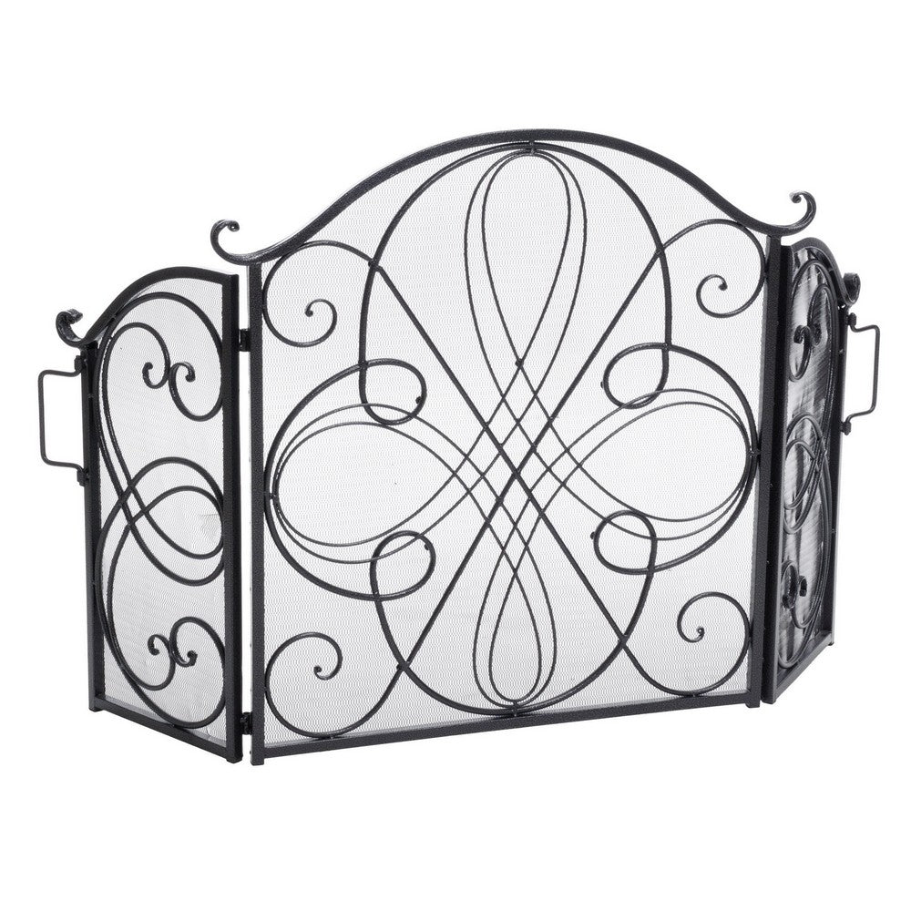 Fireplace Screen 57 Inch, 3 Panel Scrolled Mesh, Black Silver Iron - BM323821
