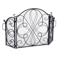 Fireplace Screen 57 Inch, 3 Panel Scrolled Mesh, Black Silver Iron - BM323821