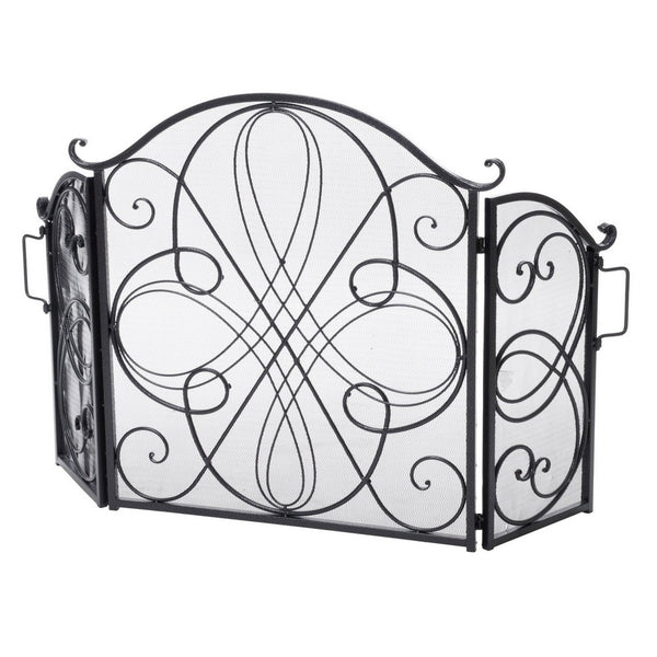 Fireplace Screen 57 Inch, 3 Panel Scrolled Mesh, Black Silver Iron - BM323821