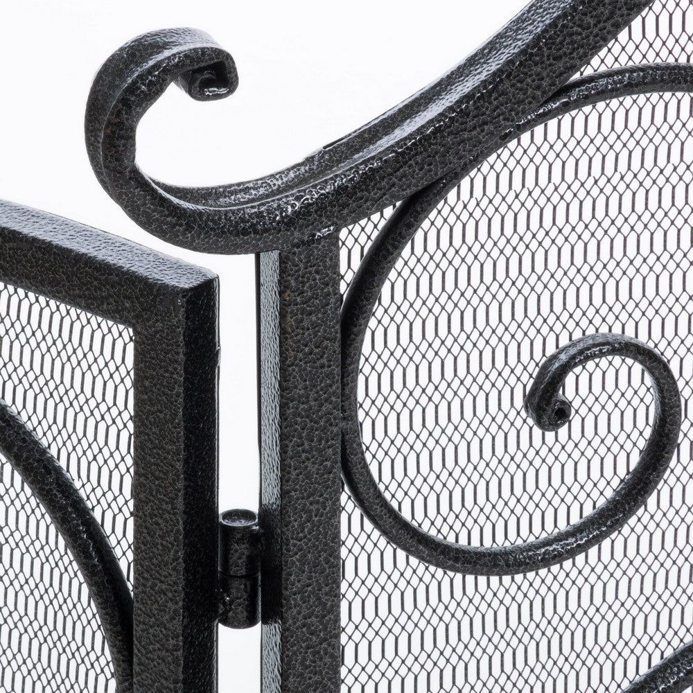 Fireplace Screen 57 Inch, 3 Panel Scrolled Mesh, Black Silver Iron - BM323821