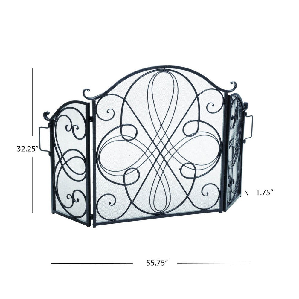 Fireplace Screen 57 Inch, 3 Panel Scrolled Mesh, Black Silver Iron - BM323821