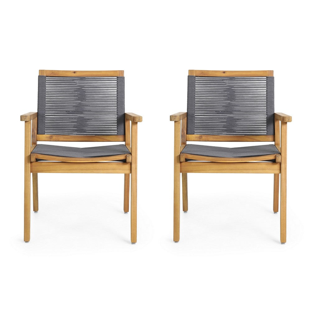 Outdoor Dining Chair Set of 2, 35 Inch Gray Woven, Brown Acacia Wood - BM323828