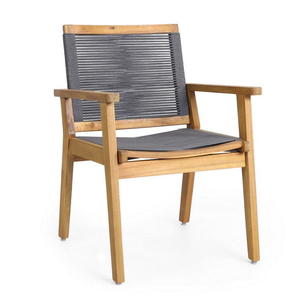 Outdoor Dining Chair Set of 2, 35 Inch Gray Woven, Brown Acacia Wood - BM323828